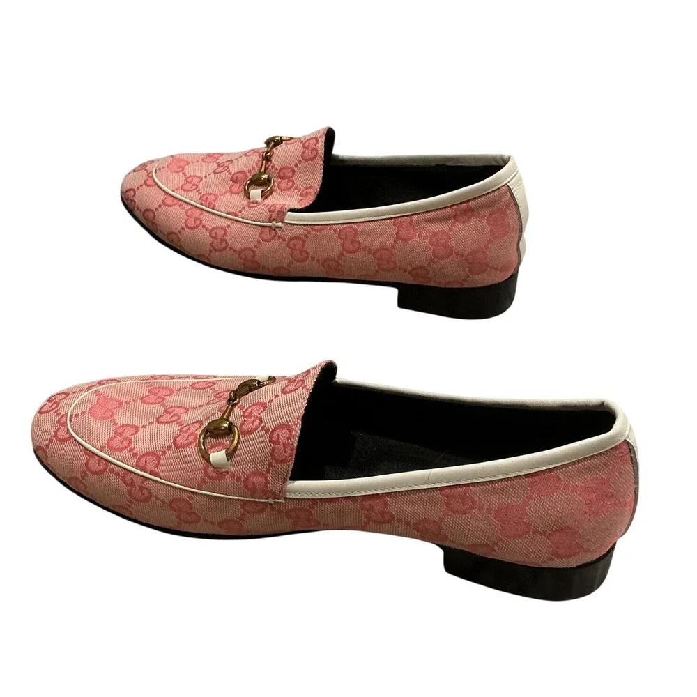 Gucci Jordaan Loafers Pink GG Monogram Canvas Horsebit Shoes IT 41 Mens 8 US
